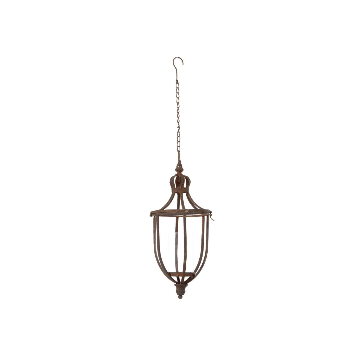 Small Torun Hanging Lantern in rust-finished iron with glass panels, dimensions 18x41 cm.