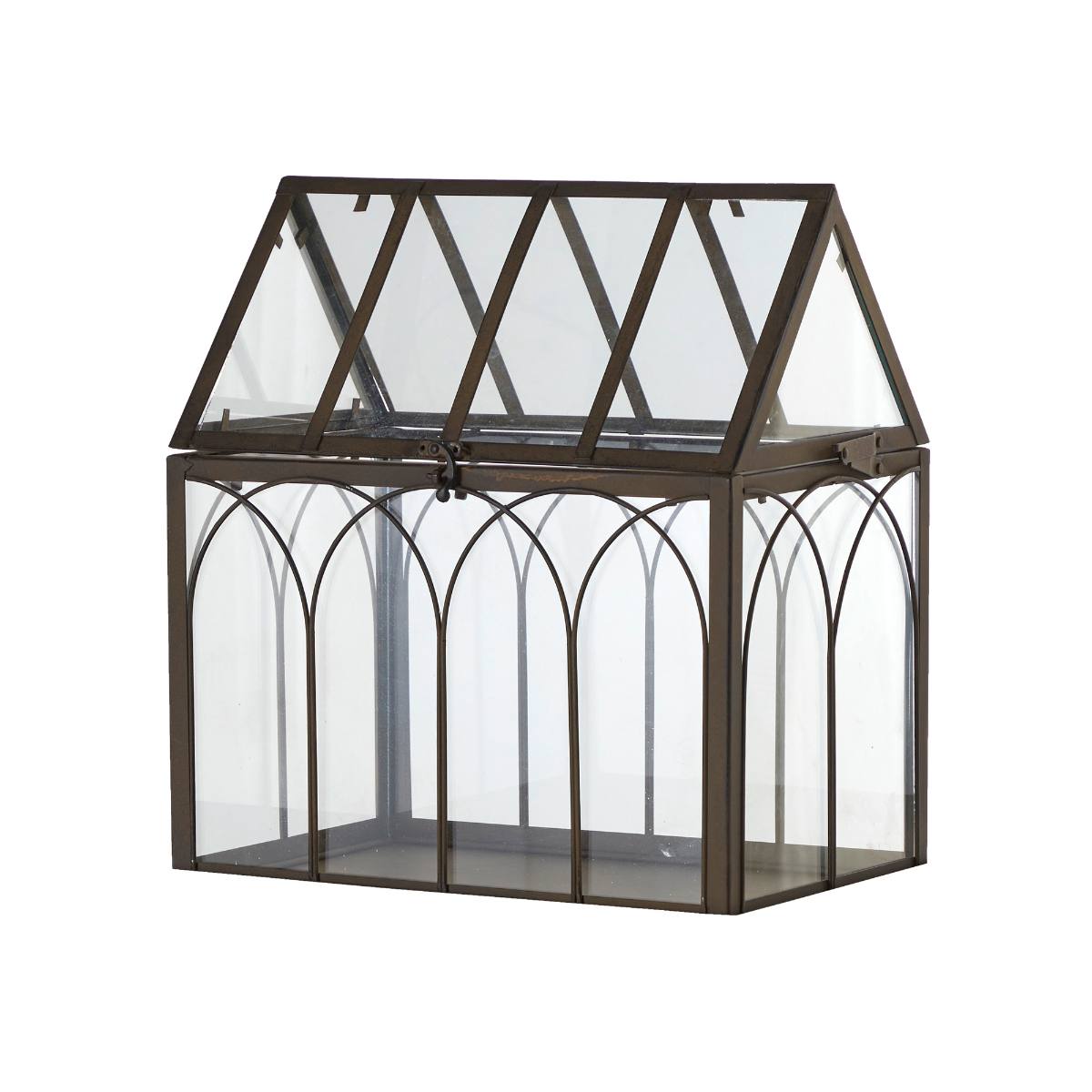 Large Valeria Greenhouse Terrarium made from rust-brown iron with vintage-style glass panels, measuring 34x22x38 cm, perfect for plants or decorative displays.