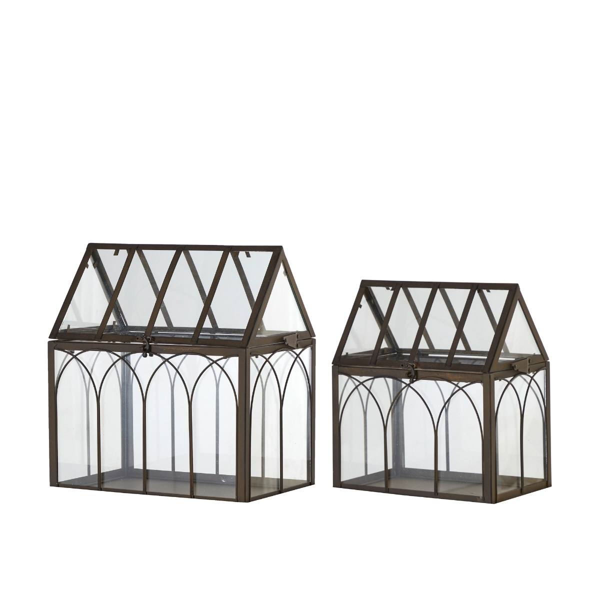 Two Valeria Greenhouse Terrariums in rust-brown iron with vintage-style glass panels, available in large and small sizes, ideal for plants or décor.