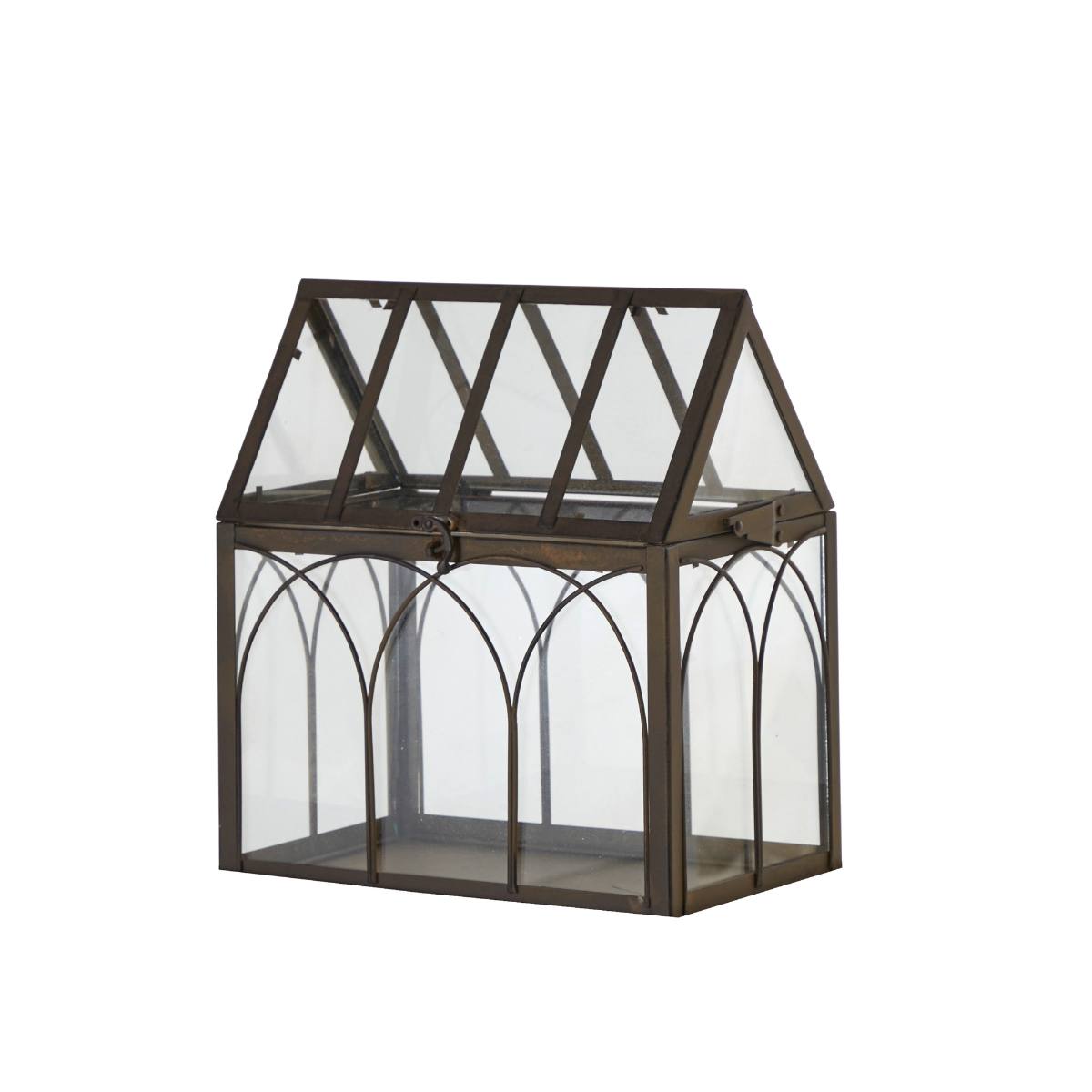 Small Valeria Greenhouse Terrarium crafted from rust-brown iron with intricate glass panels, measuring 29x18x32 cm, ideal for indoor or outdoor décor.