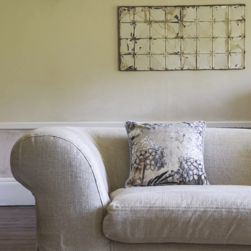 Velvet Cushion Hydrangea Design - on sofa