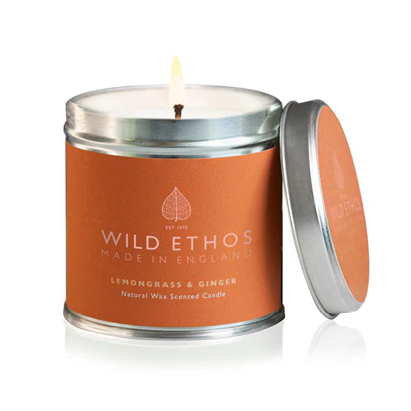 Wild Ethos Lemongrass and Ginger Tin Candle - White background
