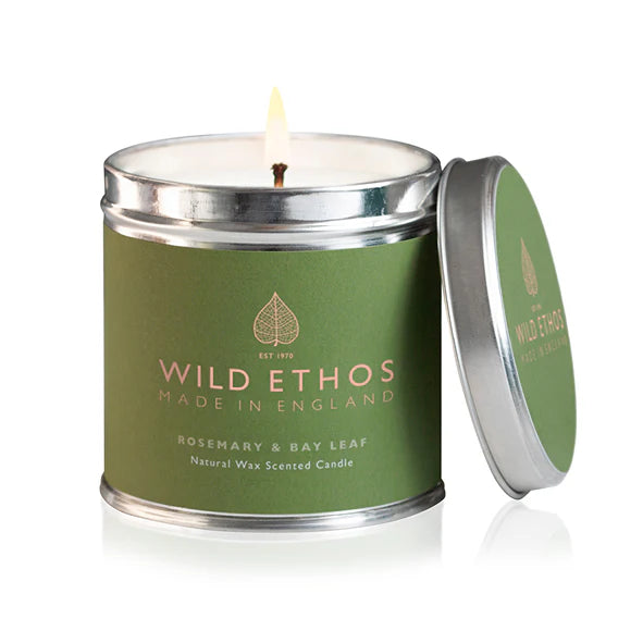 Wild Ethos Rosemary and Bay Leaf Tin Candle - Alight on white background