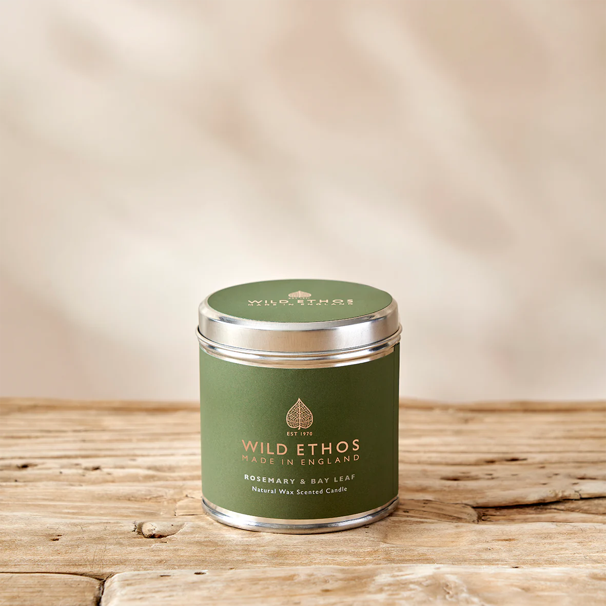 Wild Ethos Rosemary and Bay Leaf Tin Candle - On Table