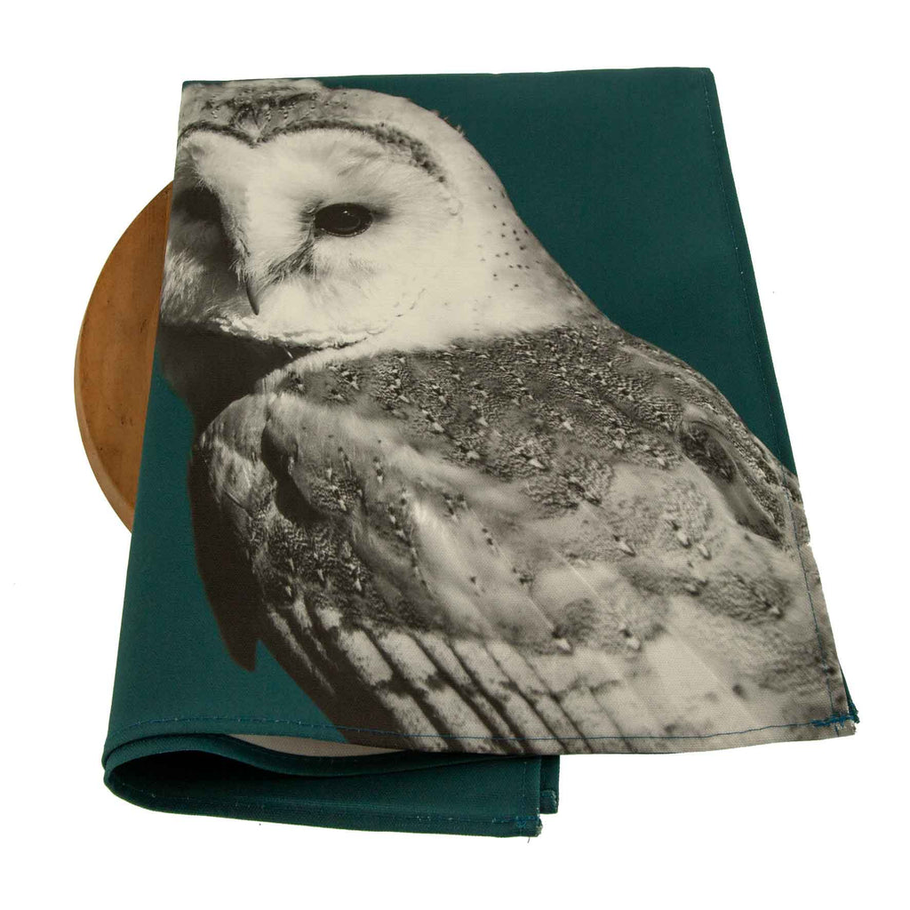 Barn Owl tea towel - teal Green