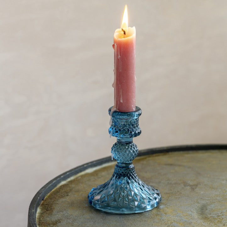 Blue glass short candlestick