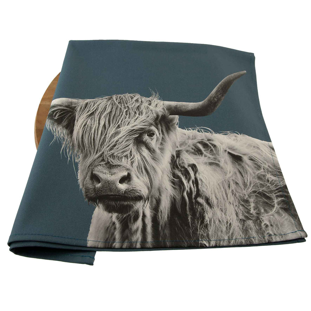 Highland Cow Tea Towel - Steel Blue