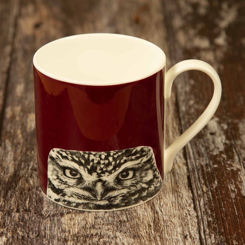 Little Owl Peeking Fine Bone China Mug - Carmine