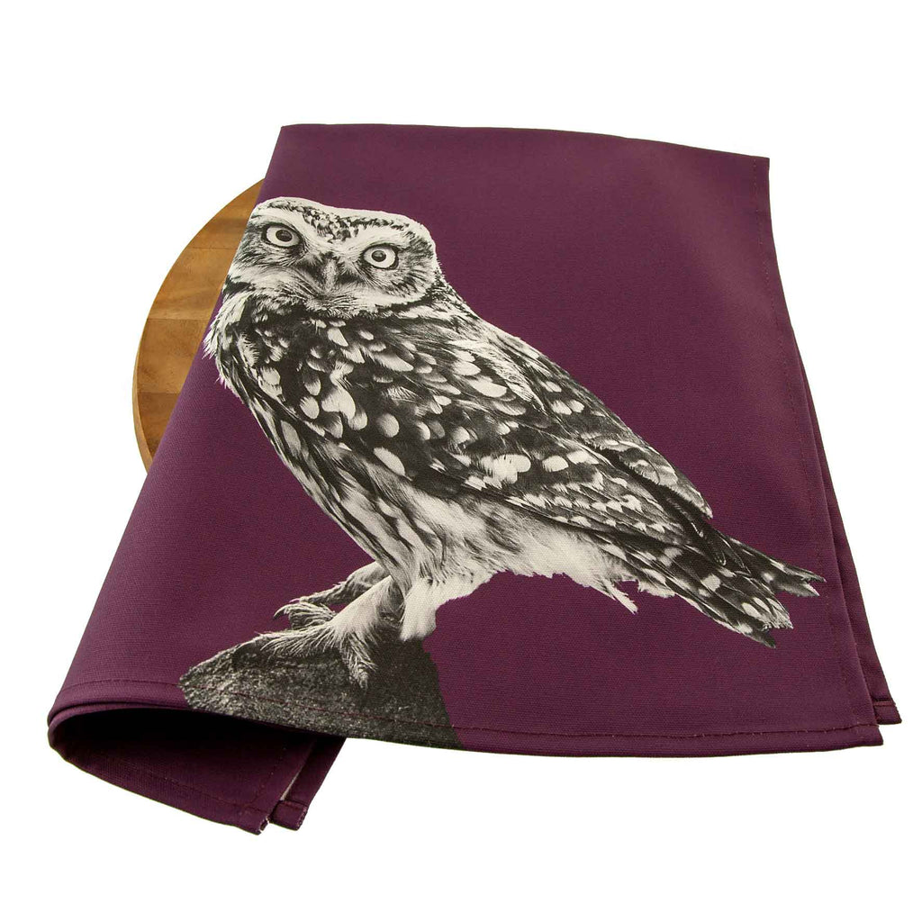 Little Owl Standing Tea Towel - Mulberry