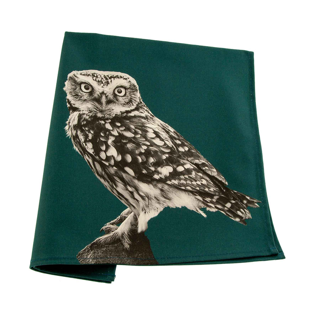 Little Owl Standing Tea Towel - Teal Green