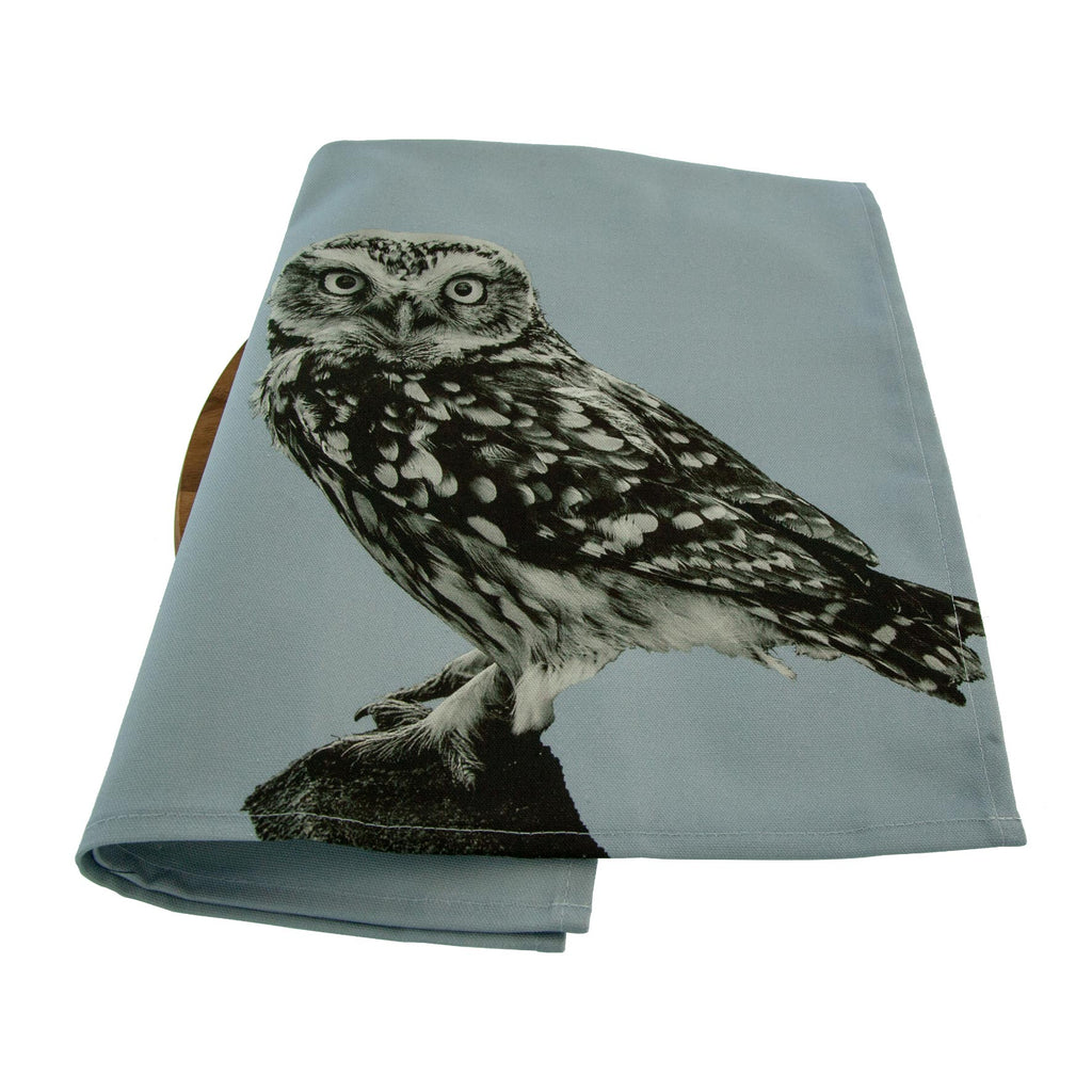 Little Owl Standing Tea Towel - Pale Grey