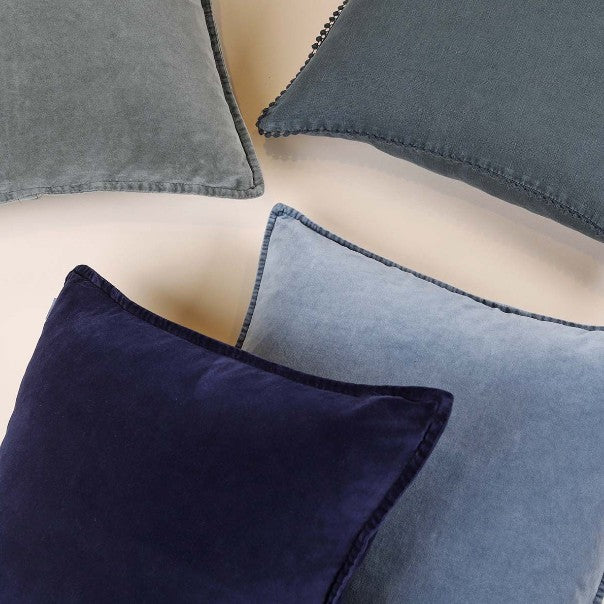 navy denim and olive velvet cushions