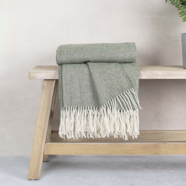 Olive herringbone pure wool throw