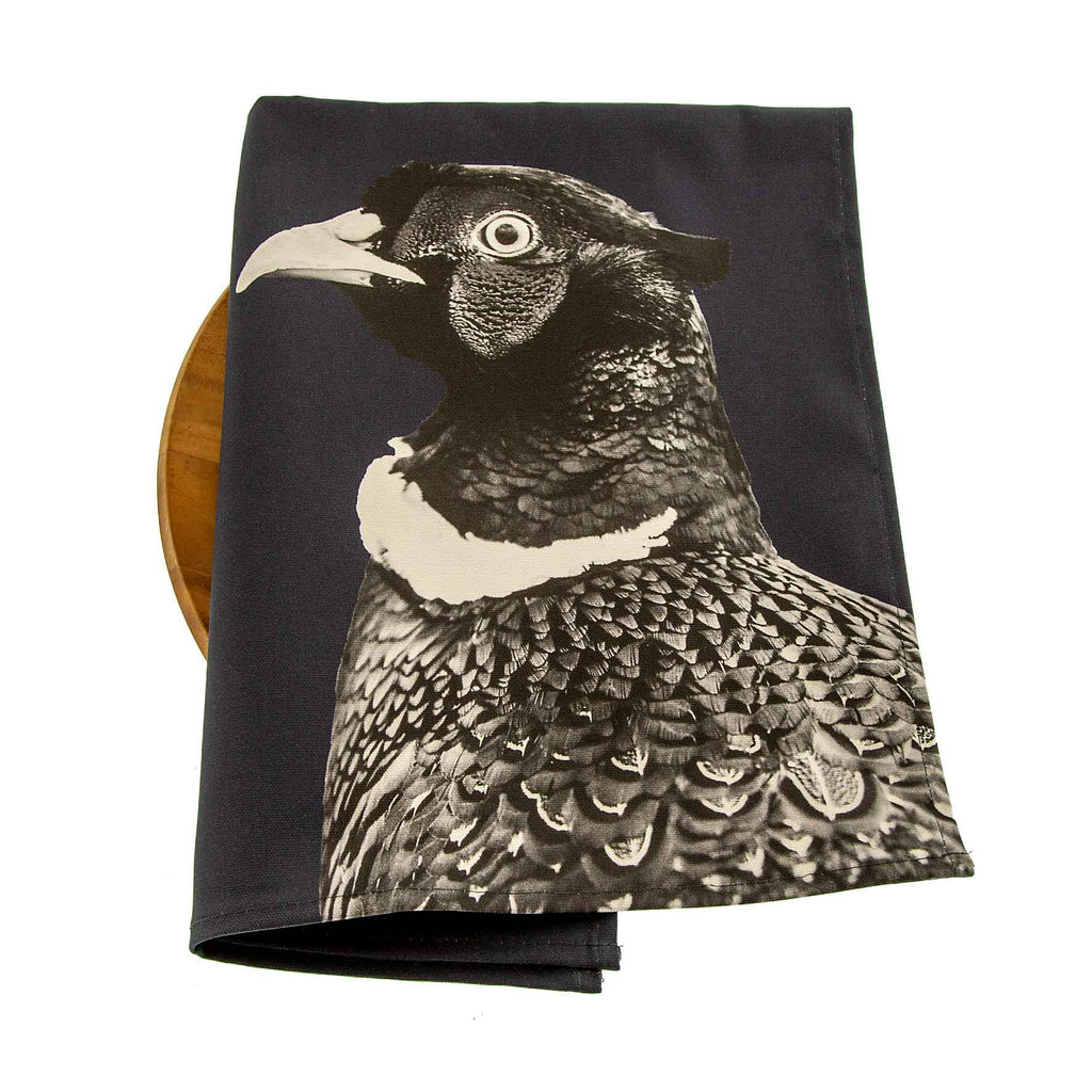pheasant tea towel (black and white) - blackberry