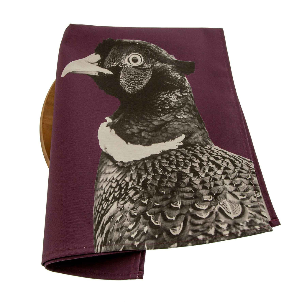 Pheasant tea towel (black and white) - mulberry