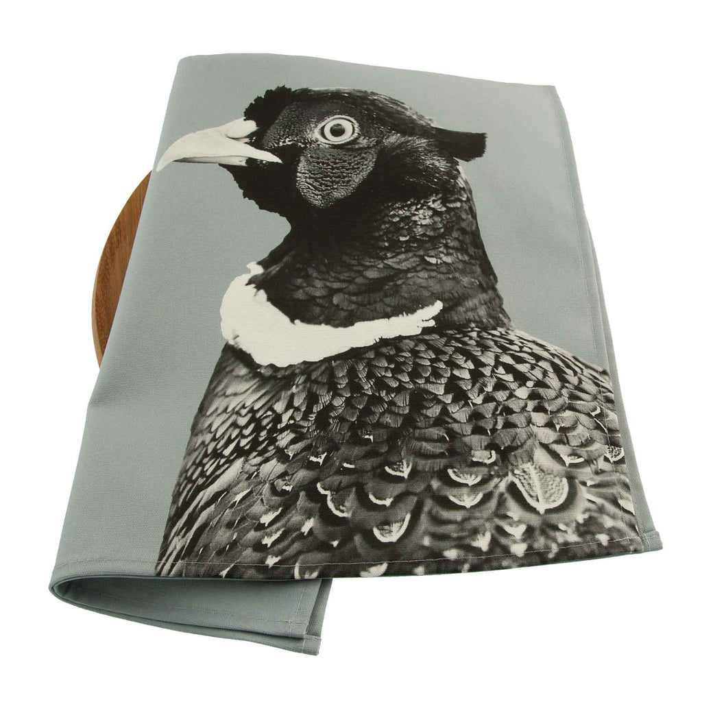 Pheasant Tea Towel - Black and White - Pale Grey