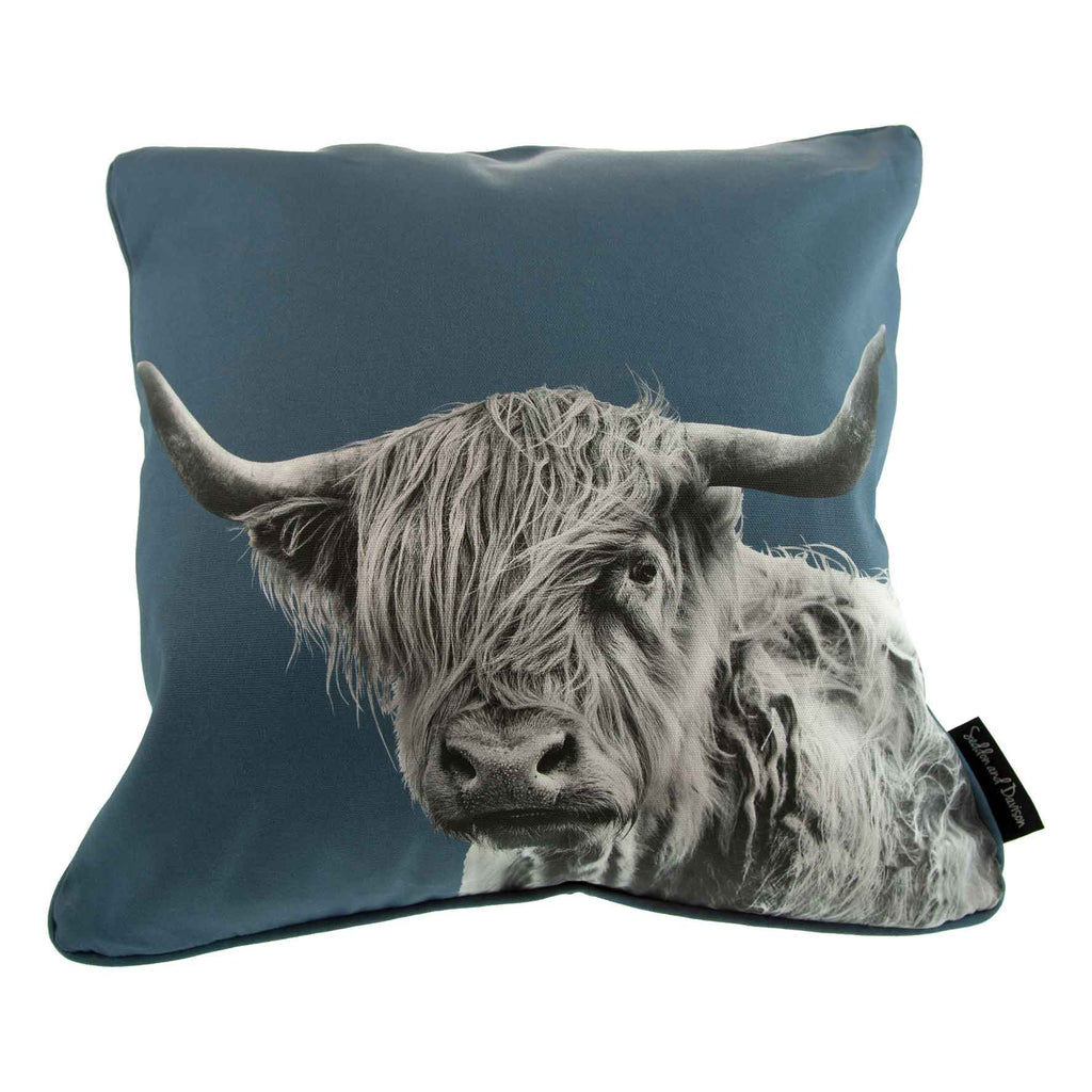 Highland Cow Cushion - Steel Blue