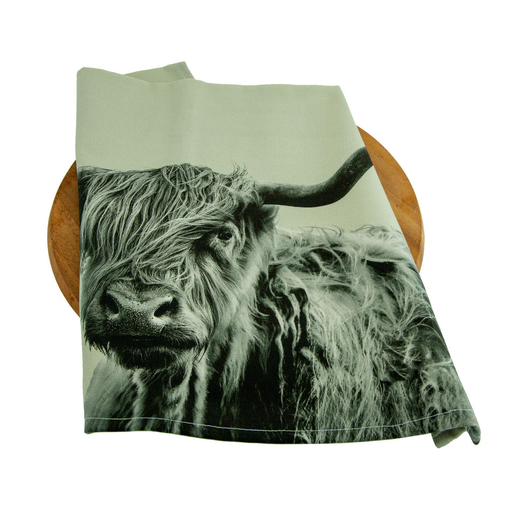 Highland Cow Tea Towel - Sage Grey