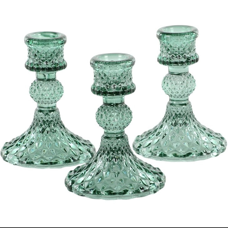 Short Glass Candlesticks - Green