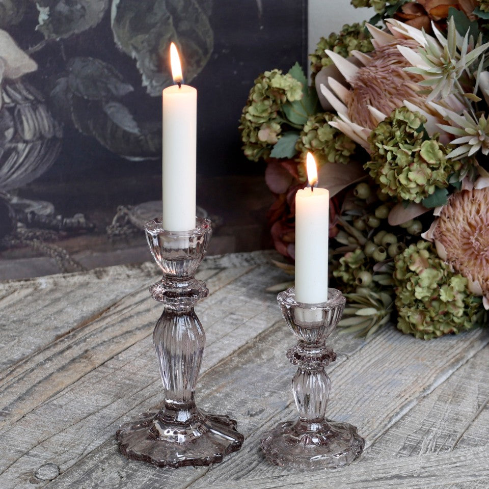 Taupe Glass Candlesticks with Lace Edge