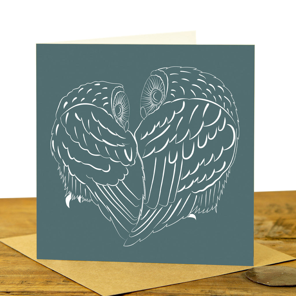 Tawny Owl Love Heart Card - Dusk Green