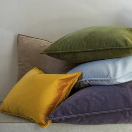 velvet cushions - moss green dusky blue mouse and mustard