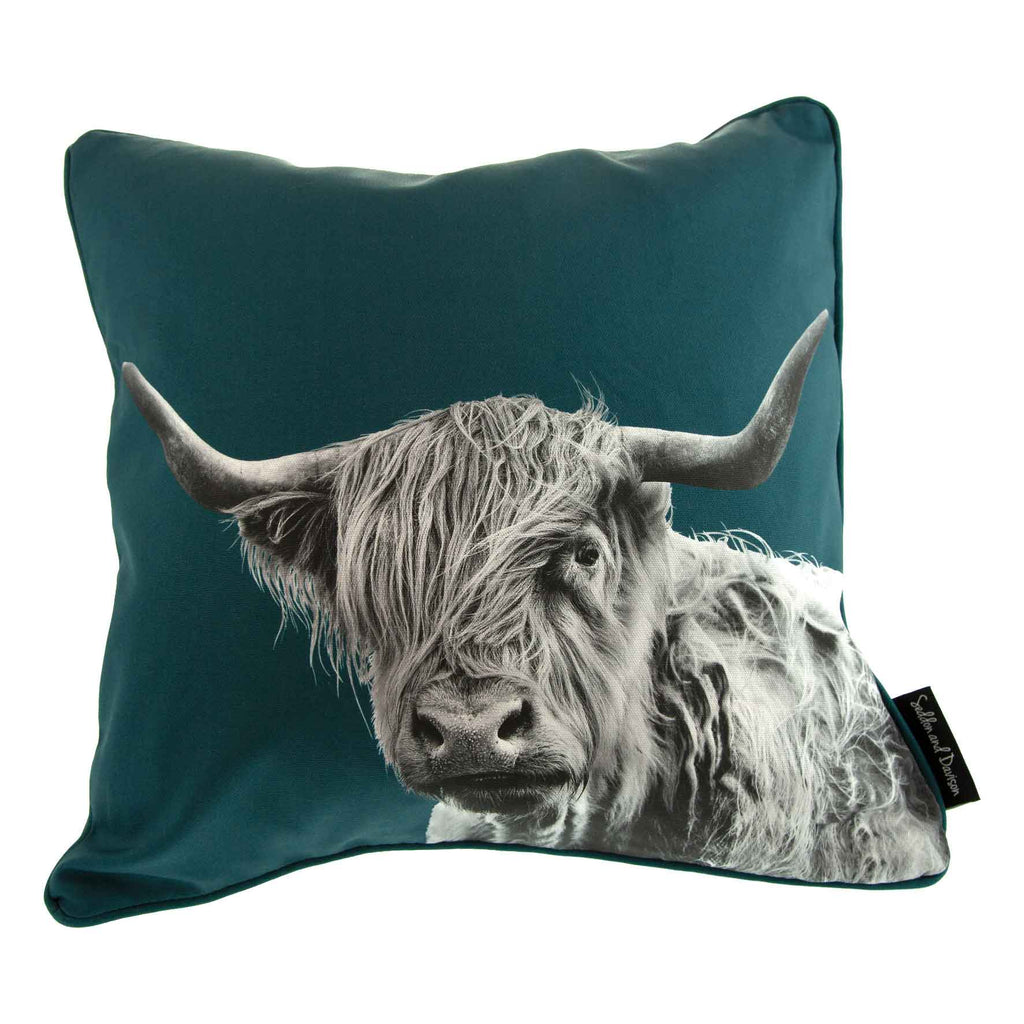 Highland Cow Cushion - Teal Green